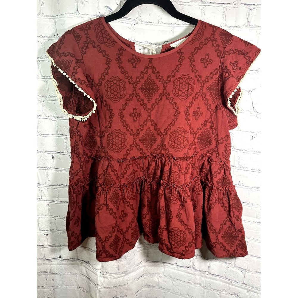 ALTR'D STATE Red Boho Peplum Top Tassel Pom Pom Trim Size L WCT259-1-R